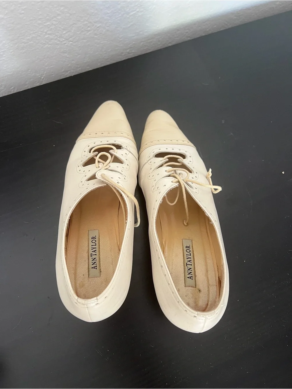 Ann Taylor Cream Lace-Up Pointed Toe Heels